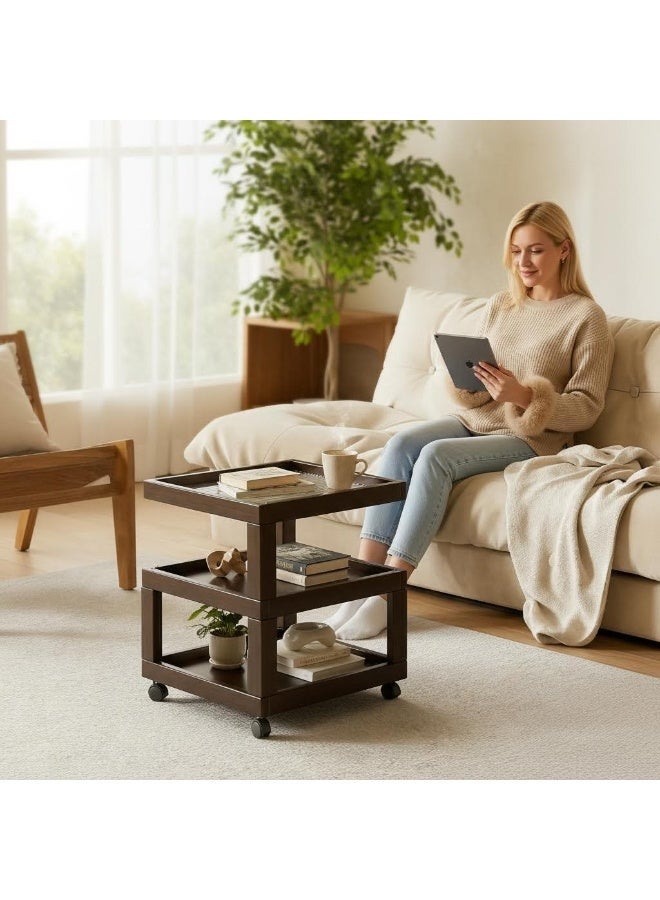 Sharpdo 3-Tier Rolling Side Table with Tempered Glass Shelves – Natural Bamboo Frame Mobile Cart for Living Room, Bedroom, Kitchen & Small Spaces – Easy Assembly, Multi-Functional End Table - Image 4
