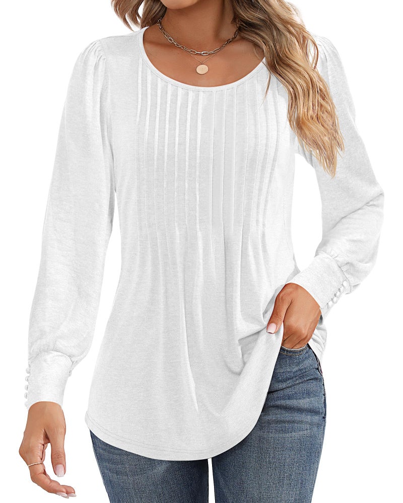 Ficerd Womens Puff Long Sleeve Tunic Tops Pleated Crew Neck Blouses Dressy Casual Loose Fit Fall and Winter ShirtsXXLargeWhite