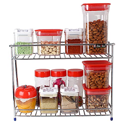 Slim Shine SLIMSHINE Multi Purpose 2 Layer Kitchen Storage Shelf | Spice Rack | Utensils Holder | Pantry Organizer | Stainless Steel (Chrome Polish) (V - SHAPE) - Image 5