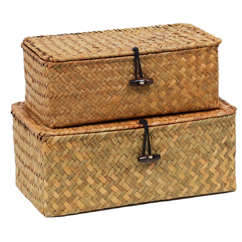 ORDELITE Set of 2 Wicker Basket with Lid, Seagrass Woven Basket for Storage, Decorative Storage Baskets Bins for Organizing Home - Image 1