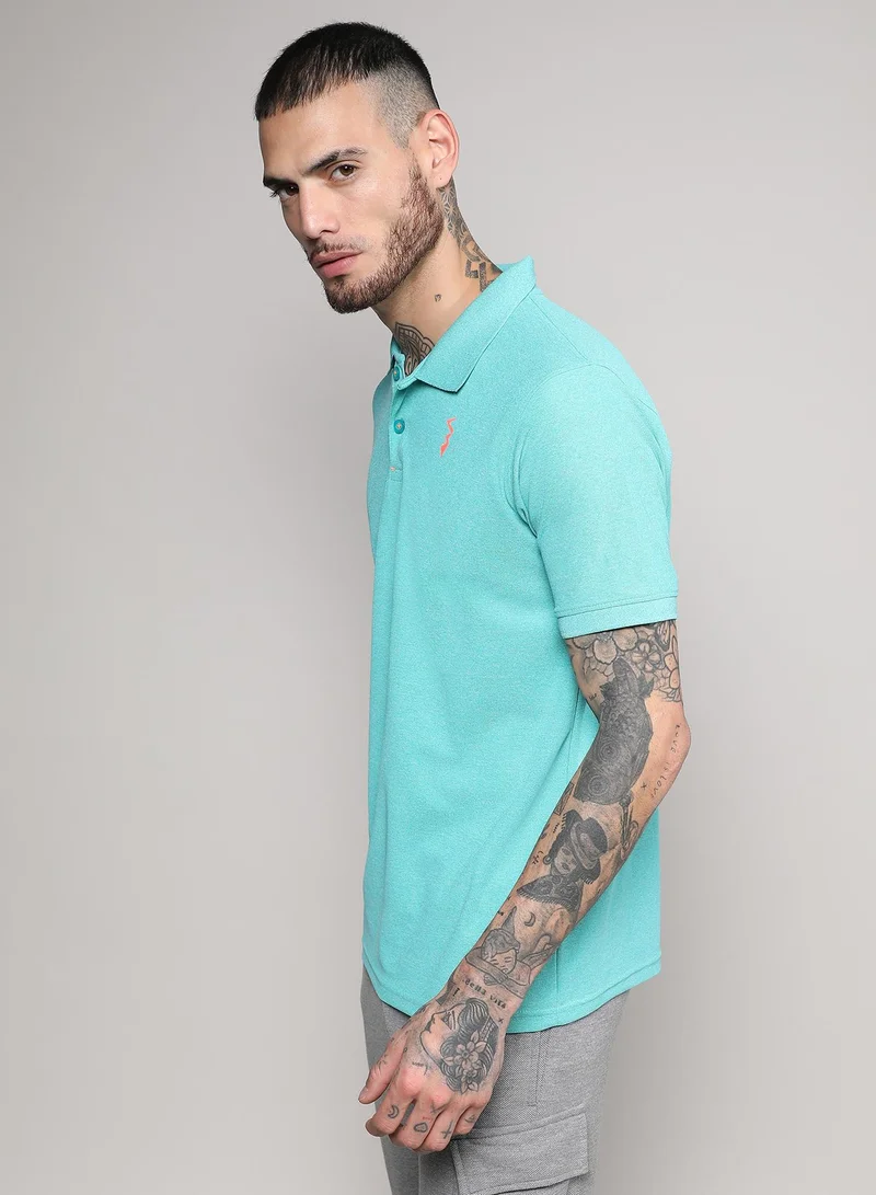 Campus Sutra Men's Aqua Blue Solid Polo Activewear T-Shirt