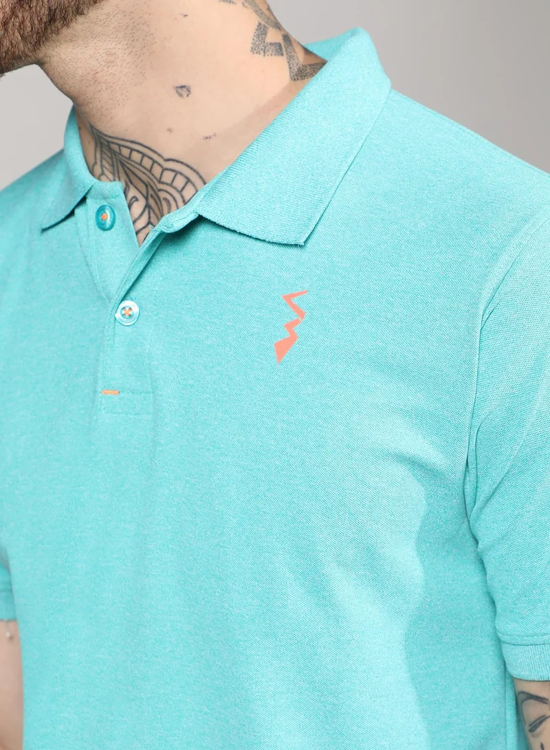 Campus Sutra Men's Aqua Blue Solid Polo Activewear T-Shirt
