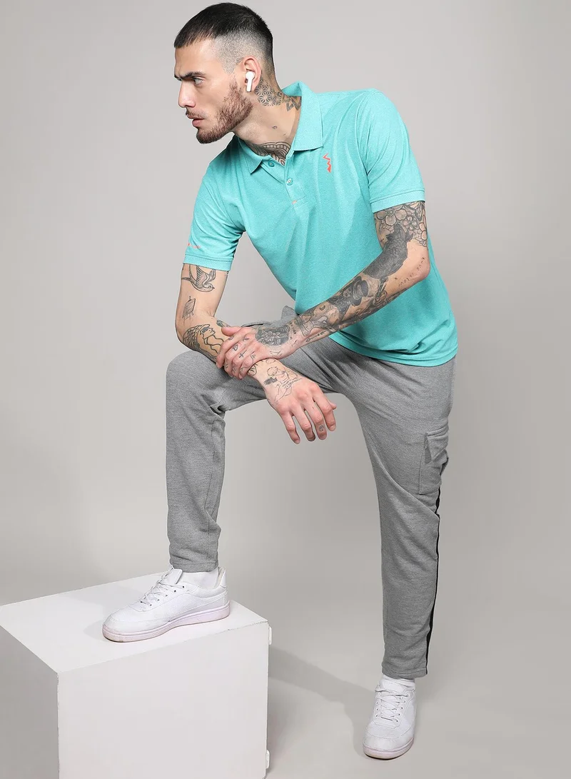 Campus Sutra Men's Aqua Blue Solid Polo Activewear T-Shirt