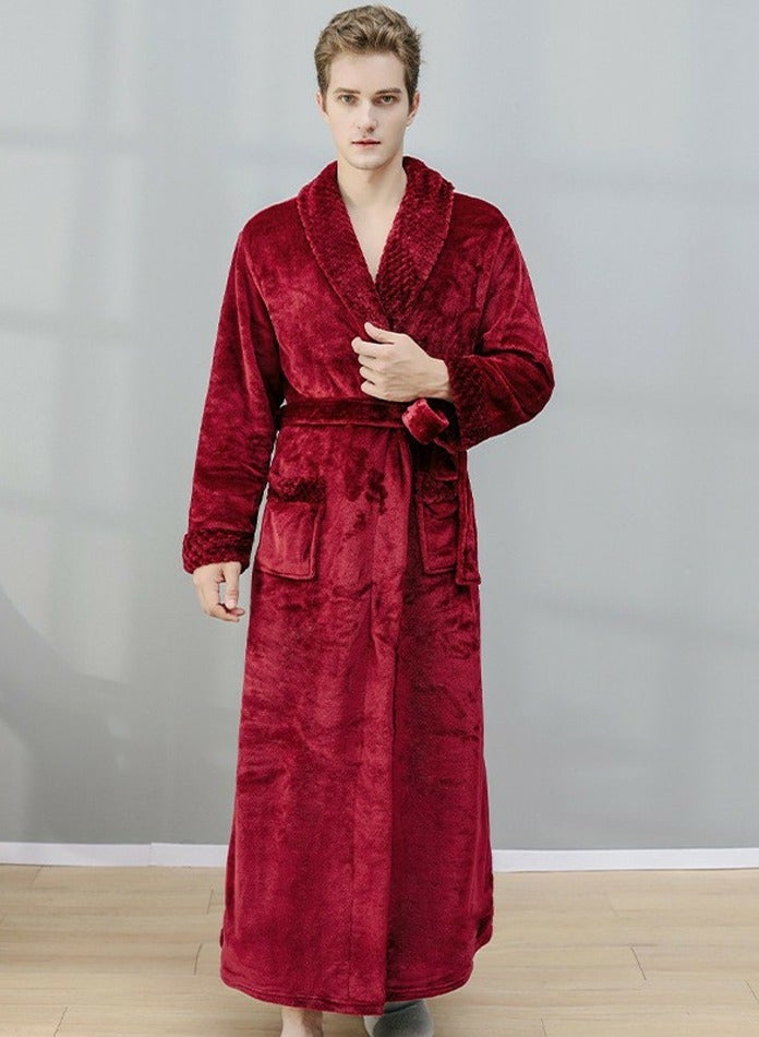 إسكدنيا جنس واحد الشتاء طويلة سميكة فستان ليلي الشعاب المرجانية الصوف رداء حمام بيجاما النبيذ الأحمر - Image 1
