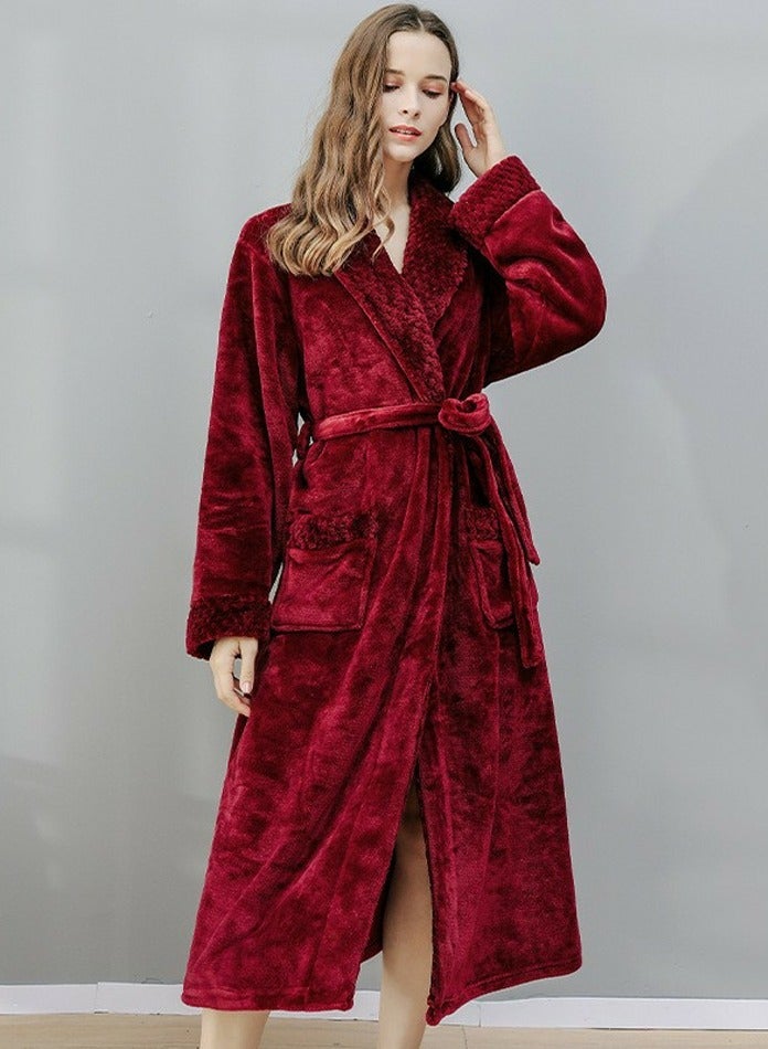 إسكدنيا جنس واحد الشتاء طويلة سميكة فستان ليلي الشعاب المرجانية الصوف رداء حمام بيجاما النبيذ الأحمر - Image 2