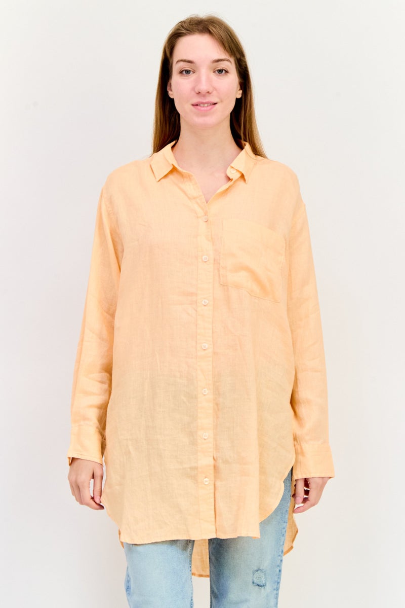 GAP قميص نسائي بأكمام طويلة وياقة منتشرة، برتقالي - Image 1