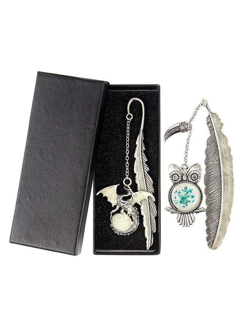KASTWAVE Bookmark, Vintage Feather Metal Bookmark, 2 Pack Handmade Metal Feather Pendant Gifts Book Markers, Glow in The Dark Bookmark, for Book Lovers, Luminous Feather Bookmark(Dragon and Owl Antique Silver) - Image 1