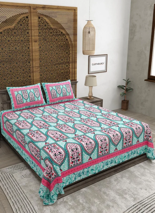 CLOTHOLOGY CLOTHOLOGY Blue & Pink Ethnic Motifs Printed Cotton 180 TC King Bedsheet Set