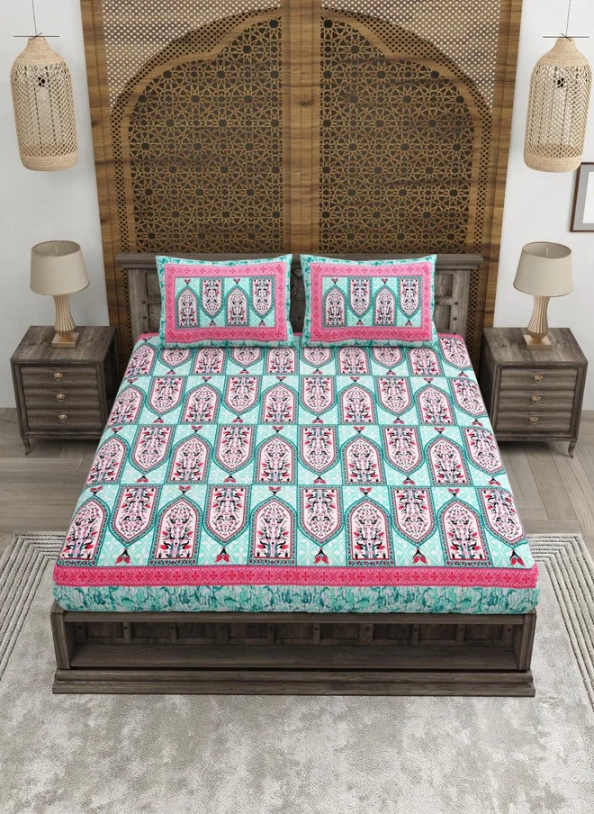 CLOTHOLOGY CLOTHOLOGY Blue & Pink Ethnic Motifs Printed Cotton 180 TC King Bedsheet Set