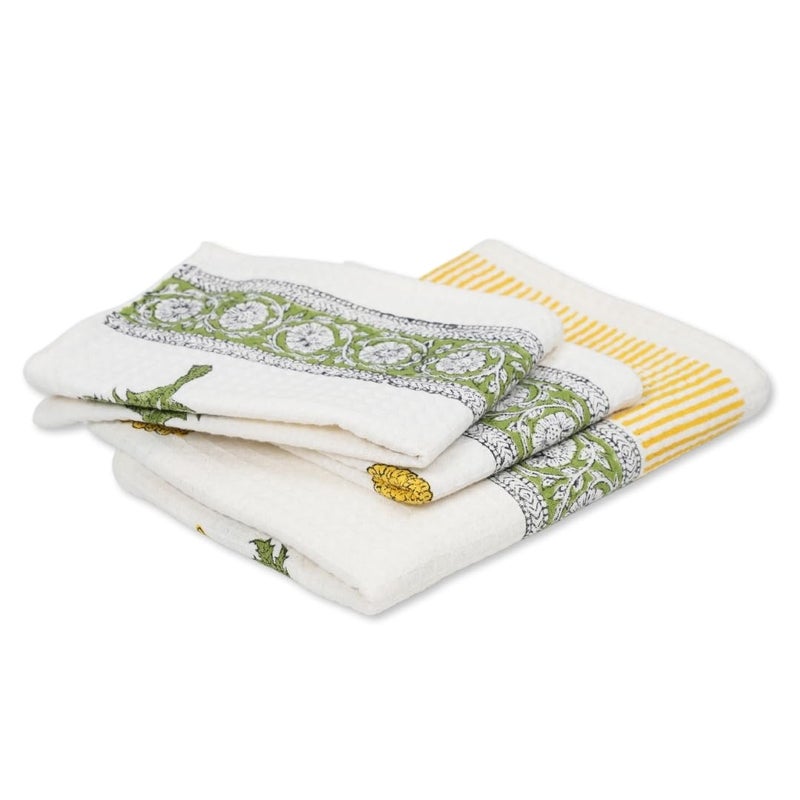Peepul Tree Hand Block Printed Hand and Bath Towels, Super Absorbent, Soft & Faster Drying, Floral Printed 100% Pure Cotton, 240 GSM (Yellow, 2 Hand 40 x 61 cms and 1 Bath 76 x 152 cms Towel Set) - Image 1