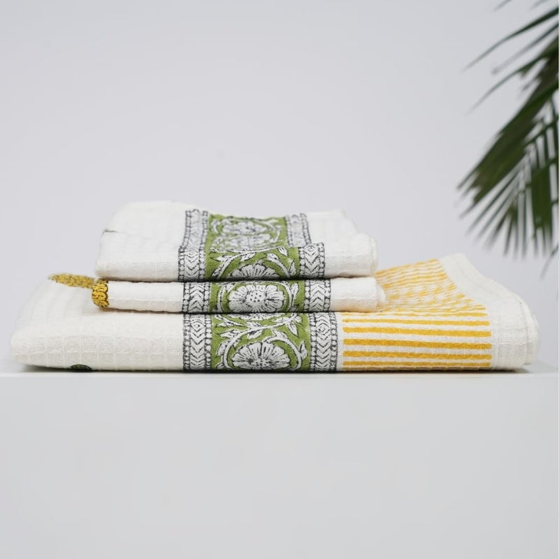 Peepul Tree Hand Block Printed Hand and Bath Towels, Super Absorbent, Soft & Faster Drying, Floral Printed 100% Pure Cotton, 240 GSM (Yellow, 2 Hand 40 x 61 cms and 1 Bath 76 x 152 cms Towel Set) - Image 2