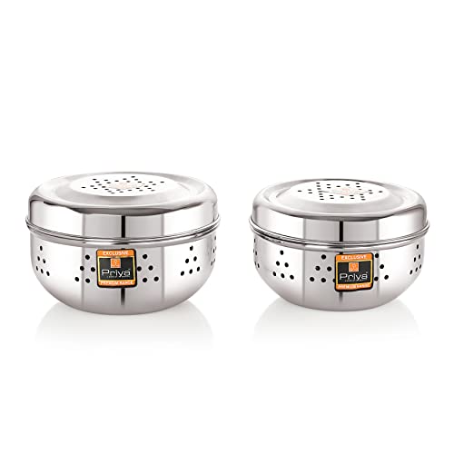 Priya Stainless Steel Hole Puri Dabbas/Flat Canisters with Air Ventilation – Set of 2 (Small: 13cm & Medium: 14cm Diameter) | Durable Storage Containers for Puri, Snacks & Kitchen Use - Image 1