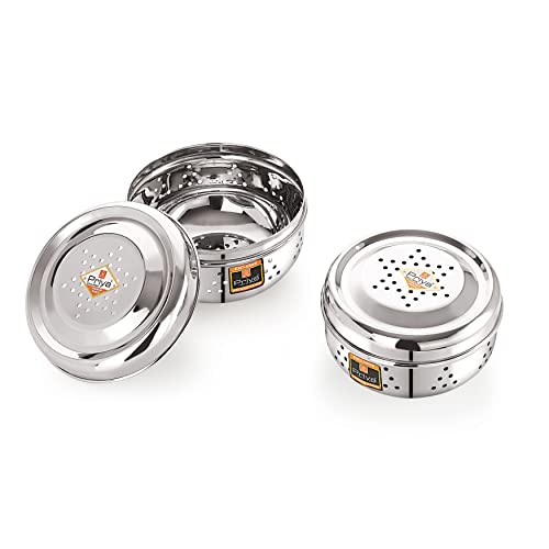 Priya Stainless Steel Hole Puri Dabbas/Flat Canisters with Air Ventilation – Set of 2 (Small: 13cm & Medium: 14cm Diameter) | Durable Storage Containers for Puri, Snacks & Kitchen Use - Image 2