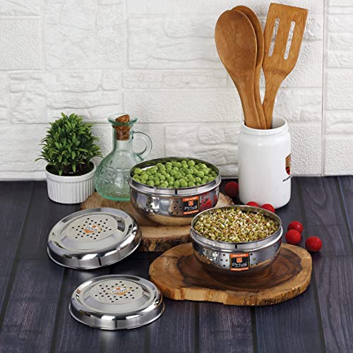 Priya Stainless Steel Hole Puri Dabbas/Flat Canisters with Air Ventilation – Set of 2 (Small: 13cm & Medium: 14cm Diameter) | Durable Storage Containers for Puri, Snacks & Kitchen Use - Image 4
