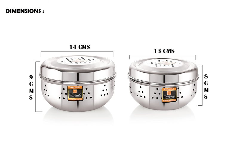 Priya Stainless Steel Hole Puri Dabbas/Flat Canisters with Air Ventilation – Set of 2 (Small: 13cm & Medium: 14cm Diameter) | Durable Storage Containers for Puri, Snacks & Kitchen Use - Image 3