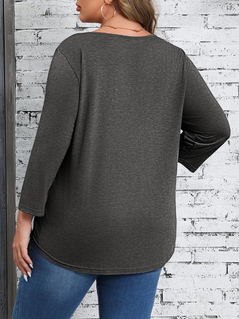 Beautife Womens Plus Size T-Shirts V Neck 3/4 Sleeve Tops Fall Henley Shirts Casual Basic Loose Fit Blouses Dark Grey - Image 3