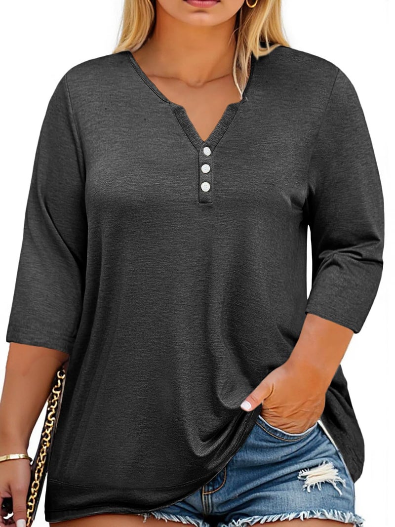 Beautife Womens Plus Size T-Shirts V Neck 3/4 Sleeve Tops Fall Henley Shirts Casual Basic Loose Fit Blouses Dark Grey - Image 1
