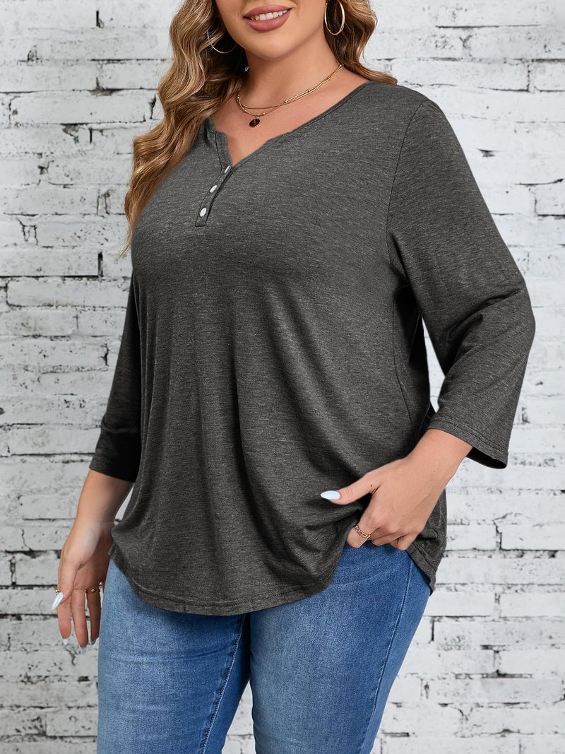 Beautife Womens Plus Size T-Shirts V Neck 3/4 Sleeve Tops Fall Henley Shirts Casual Basic Loose Fit Blouses Dark Grey - Image 2