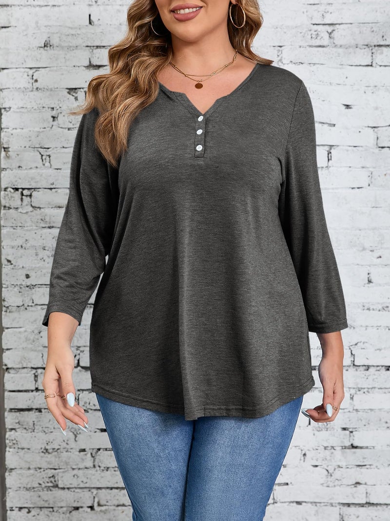 Beautife Womens Plus Size T-Shirts V Neck 3/4 Sleeve Tops Fall Henley Shirts Casual Basic Loose Fit Blouses Dark Grey - Image 4