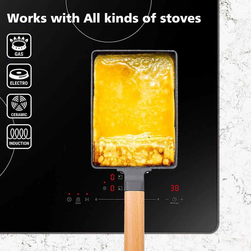 LISOS Tamagoyaki Pan Square Japanese Omelette Pan,Non-stick Egg Roll Pan,Rectangle Frying Pan Wood Handle,with Silicone Brush & Solid Wood Spetula,Grey - Image 3