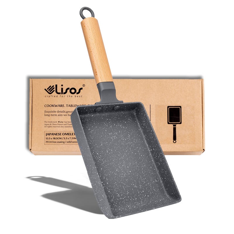 LISOS Tamagoyaki Pan Square Japanese Omelette Pan,Non-stick Egg Roll Pan,Rectangle Frying Pan Wood Handle,with Silicone Brush & Solid Wood Spetula,Grey - Image 1
