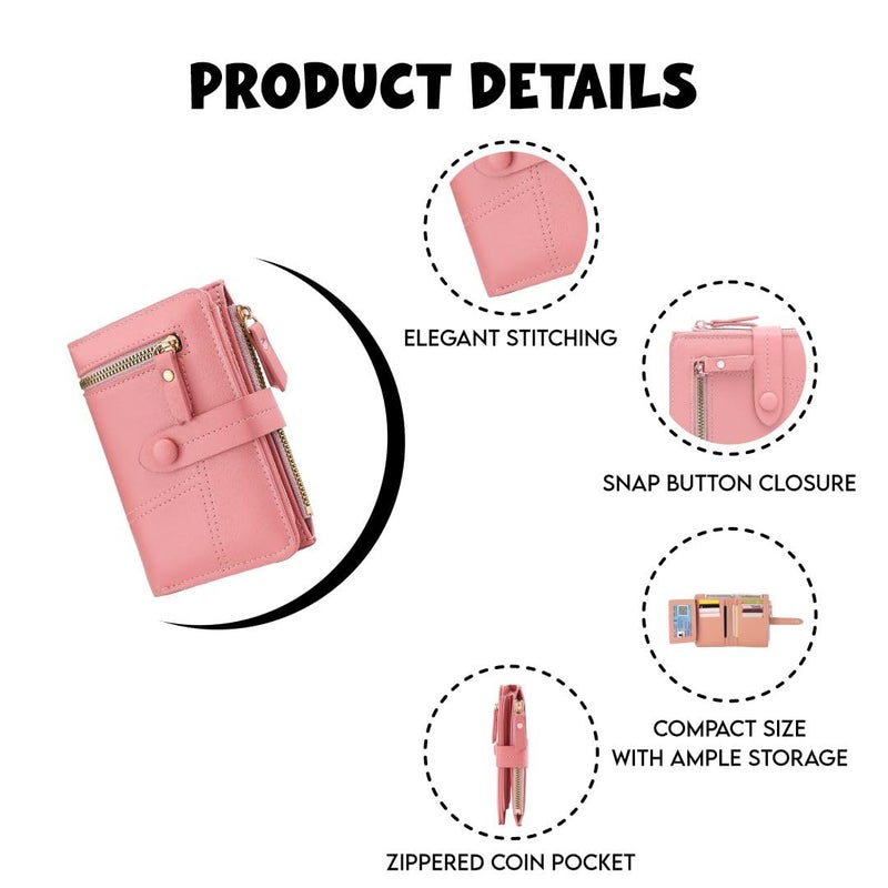 Elios Women's Wallet Vegan Leather Bifold Small Card Holder Coin Holder Compact Ladies Purse with 12 Card Slots, Zipper Pocket and RFID Blocking | Snap Closure | Mini Purse for Women (Pink) - Image 2