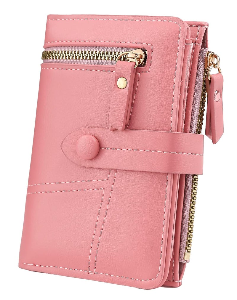 Elios Women's Wallet Vegan Leather Bifold Small Card Holder Coin Holder Compact Ladies Purse with 12 Card Slots, Zipper Pocket and RFID Blocking | Snap Closure | Mini Purse for Women (Pink) - Image 1