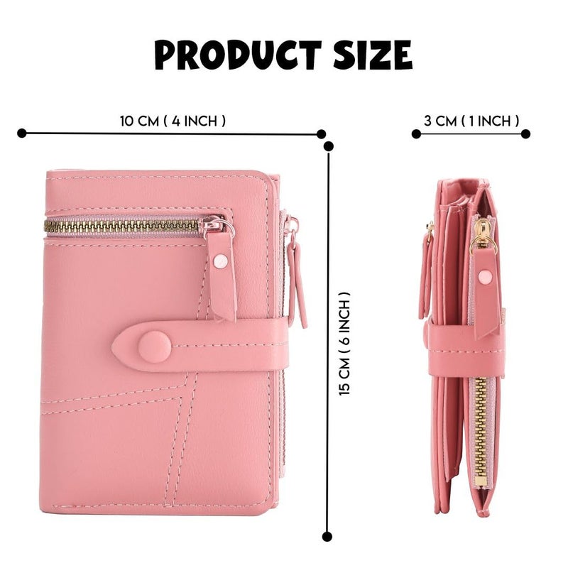 Elios Women's Wallet Vegan Leather Bifold Small Card Holder Coin Holder Compact Ladies Purse with 12 Card Slots, Zipper Pocket and RFID Blocking | Snap Closure | Mini Purse for Women (Pink) - Image 4