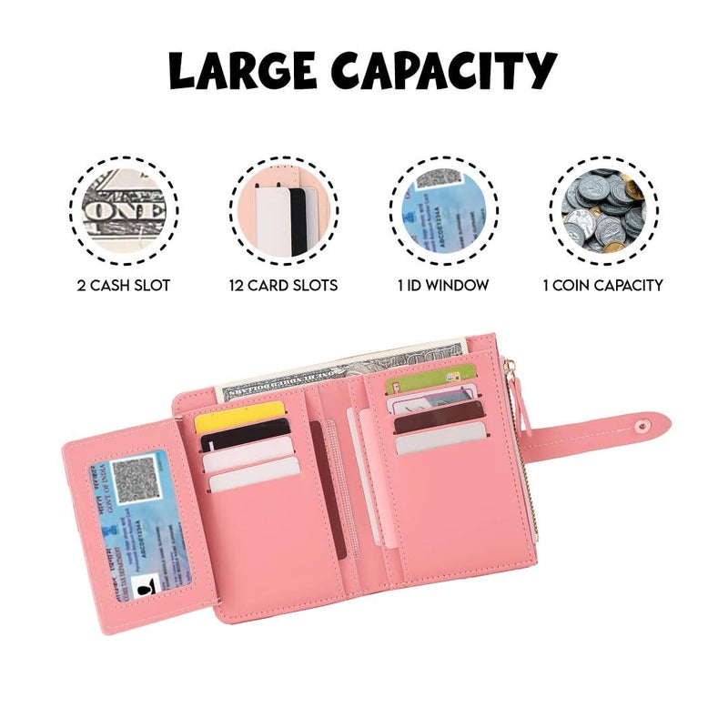 Elios Women's Wallet Vegan Leather Bifold Small Card Holder Coin Holder Compact Ladies Purse with 12 Card Slots, Zipper Pocket and RFID Blocking | Snap Closure | Mini Purse for Women (Pink) - Image 3