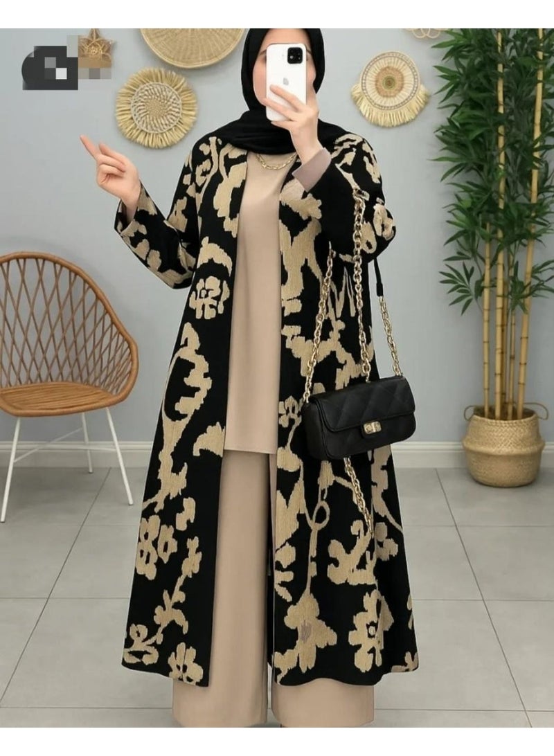 طقم نسائي 3 قطع كاردي مشجر طويل  بلوزة سادة + بنطلون وايد ليج ستايل شيك للمحجبات  لون بيج × أسودوان سايزمناسب من 65 كجم حتى 70 كجم تقريبًا كود٤١٩ - Image 3