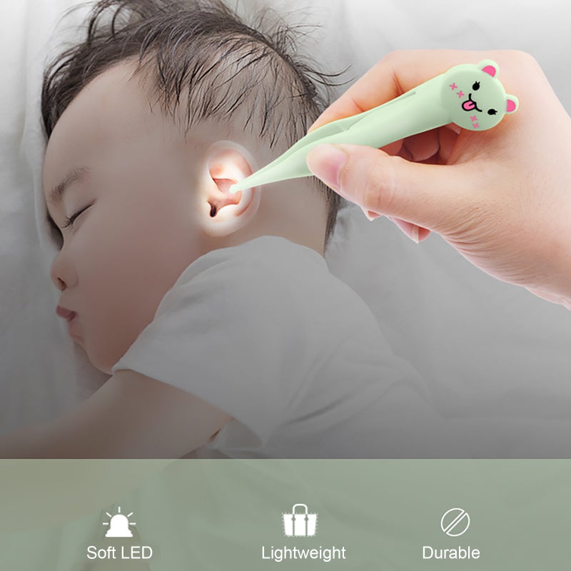 Baby Nose Cleaner Tweezers: Mint Green Stainless Steel ABS Plastic, LED White Light, Multi-Use Ear Navel Eye Cleaning Tool for Newborns Toddlers - Image 2