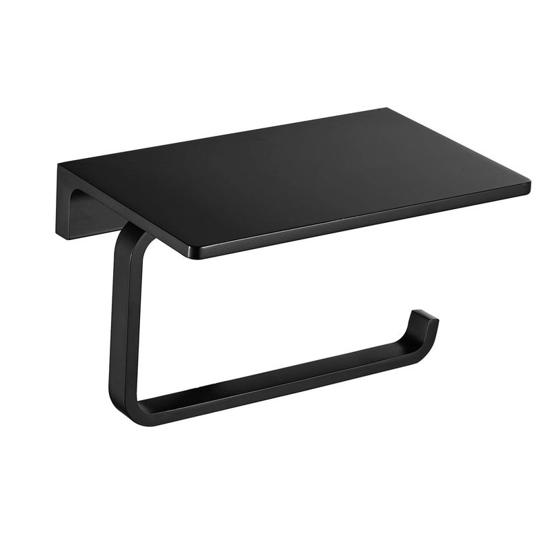 LANGPAI Toilet Paper Holder for Bathroom Solid Brass and Superior Hotel Style Tissue Roll Holder with Cell Phone Storage Matte Black Finish