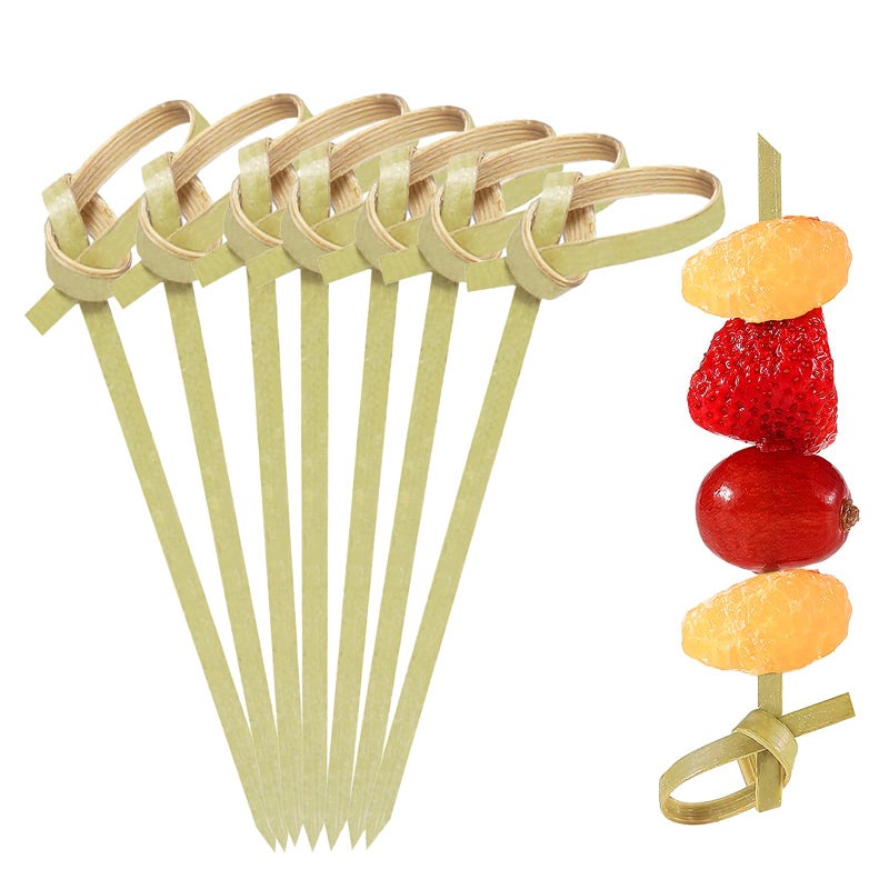 KFJBPB 200 Pack Bamboo Knot Cocktail Picks 35 Inch Long Fancy Toothpicks with Looped Knot Food Picks for Appetizers Christmas Wedding Party Food Fruit Drinks Garnish Skewer Sticks 35 In 
