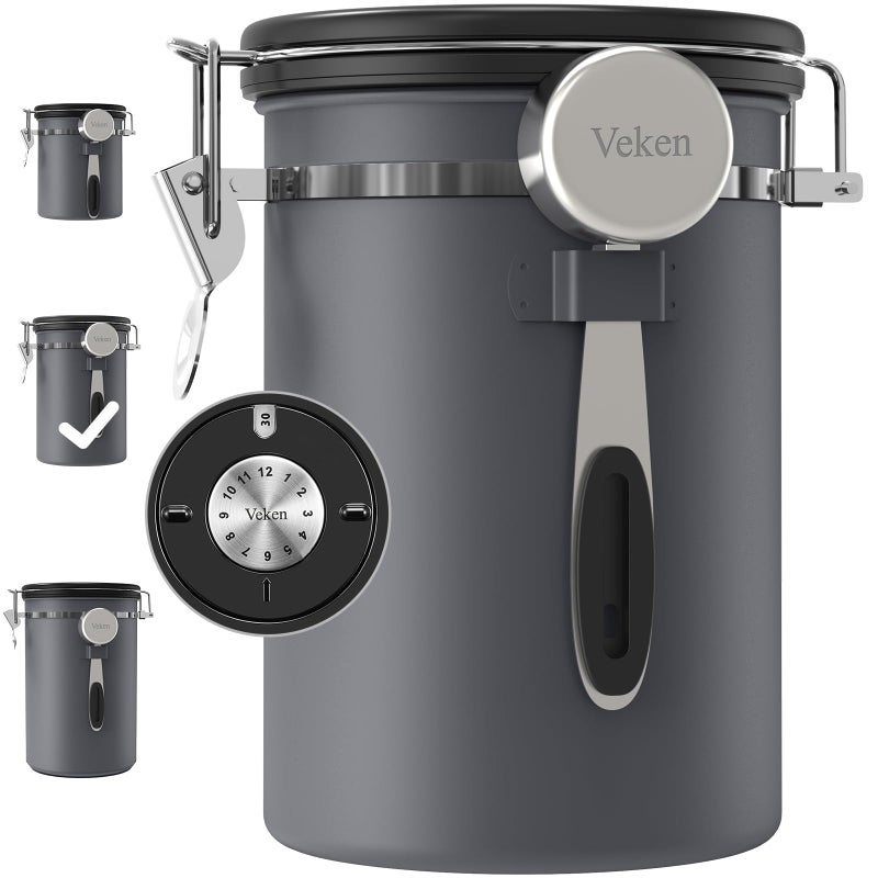 Veken Coffee Canister Airtight Stainless Steel Kitchen Food Storage Container with Date Tracker and Scoop for Grounds Coffee Beans Tea Flour Cereal Sugar 22OZ Gray