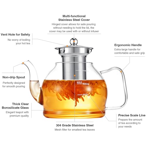 MINO ANT Glass Teapot, 40oz/1200ml Tea Pot with Removable Infuser for Loose Tea, Stovetop Safe Borosilicate Glass Tea Kettle with Strainer and Lid, Hand Crafted Clear Teapot with Scale Line, Tea Brewer Guide - Image 2