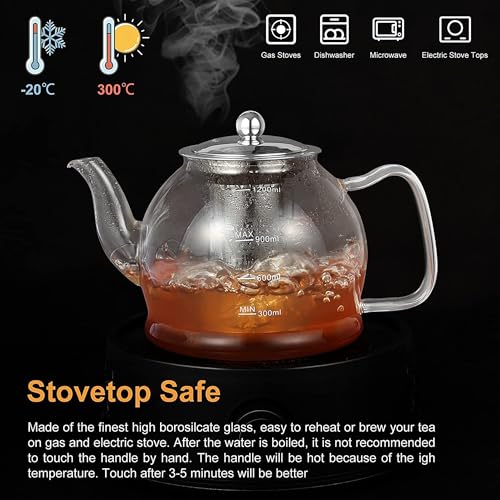 MINO ANT Glass Teapot, 40oz/1200ml Tea Pot with Removable Infuser for Loose Tea, Stovetop Safe Borosilicate Glass Tea Kettle with Strainer and Lid, Hand Crafted Clear Teapot with Scale Line, Tea Brewer Guide - Image 3