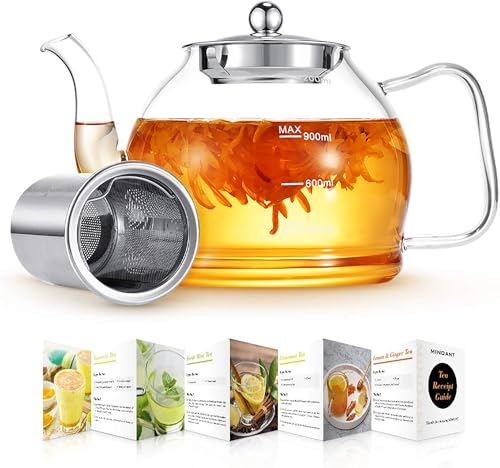 MINO ANT Glass Teapot, 40oz/1200ml Tea Pot with Removable Infuser for Loose Tea, Stovetop Safe Borosilicate Glass Tea Kettle with Strainer and Lid, Hand Crafted Clear Teapot with Scale Line, Tea Brewer Guide - Image 1