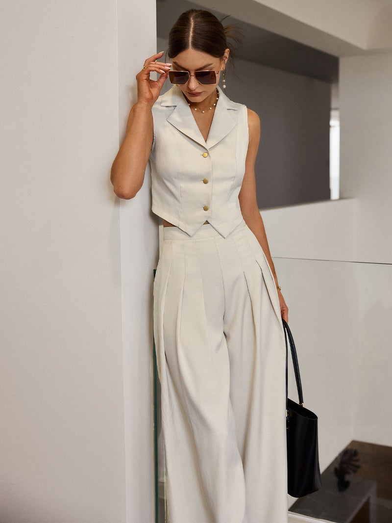 SIMPLEE Lapel Sleeveless Blazer Maxi Dress, Button Waist Design, Minimal Solid Office Dress - Image 1