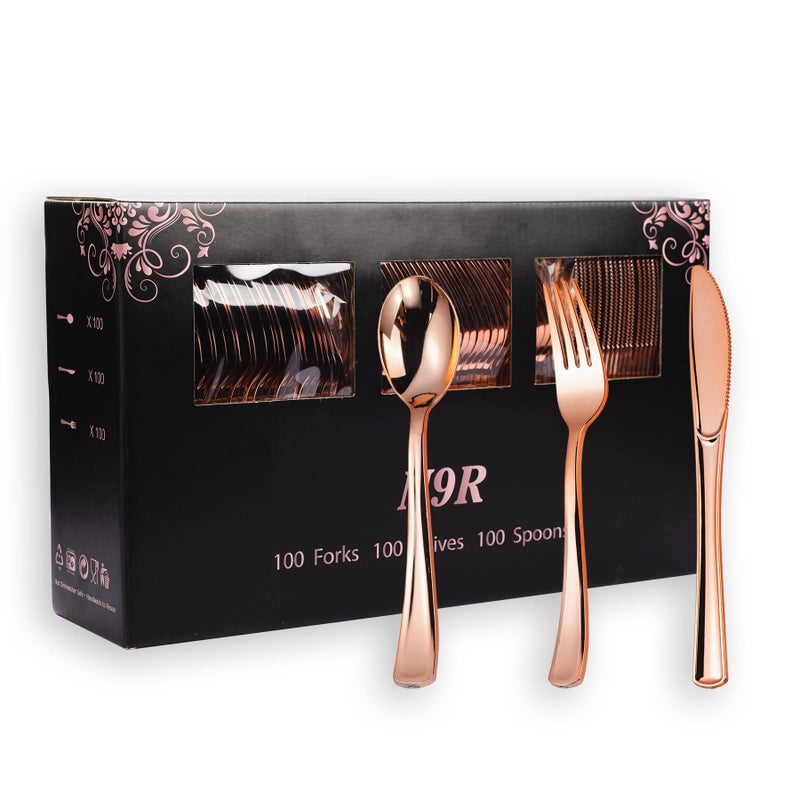 N9R 300PCS Rose Gold Plastic Silverware  Heavy Duty Plastic Cutlery Set  Disposable Rose Gold Utensils Include 100 Forks  100 Spoons  100 Knives. Perfect for Party Decorations. - Image 1