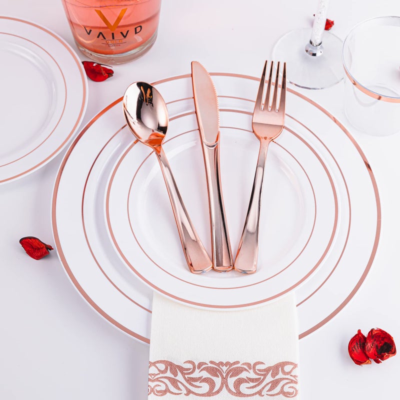 N9R 300PCS Rose Gold Plastic Silverware  Heavy Duty Plastic Cutlery Set  Disposable Rose Gold Utensils Include 100 Forks  100 Spoons  100 Knives. Perfect for Party Decorations. - Image 4