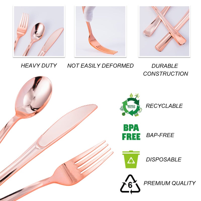 N9R 300PCS Rose Gold Plastic Silverware  Heavy Duty Plastic Cutlery Set  Disposable Rose Gold Utensils Include 100 Forks  100 Spoons  100 Knives. Perfect for Party Decorations. - Image 3