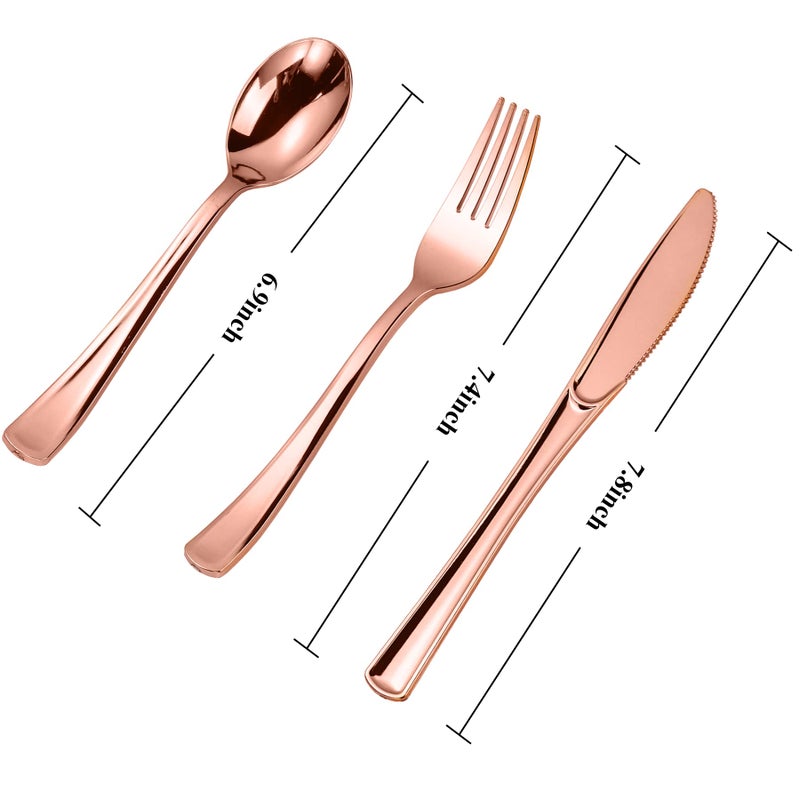 N9R 300PCS Rose Gold Plastic Silverware  Heavy Duty Plastic Cutlery Set  Disposable Rose Gold Utensils Include 100 Forks  100 Spoons  100 Knives. Perfect for Party Decorations. - Image 2