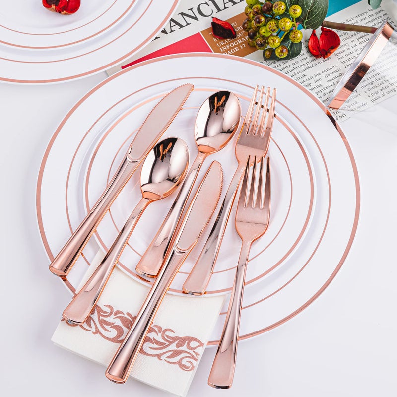 N9R 300PCS Rose Gold Plastic Silverware  Heavy Duty Plastic Cutlery Set  Disposable Rose Gold Utensils Include 100 Forks  100 Spoons  100 Knives. Perfect for Party Decorations. - Image 5