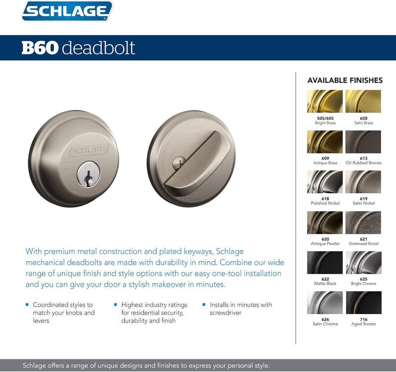 Schlage B60N505 Single Cylinder Deadbolt in Bright Brass Finish - Image 3
