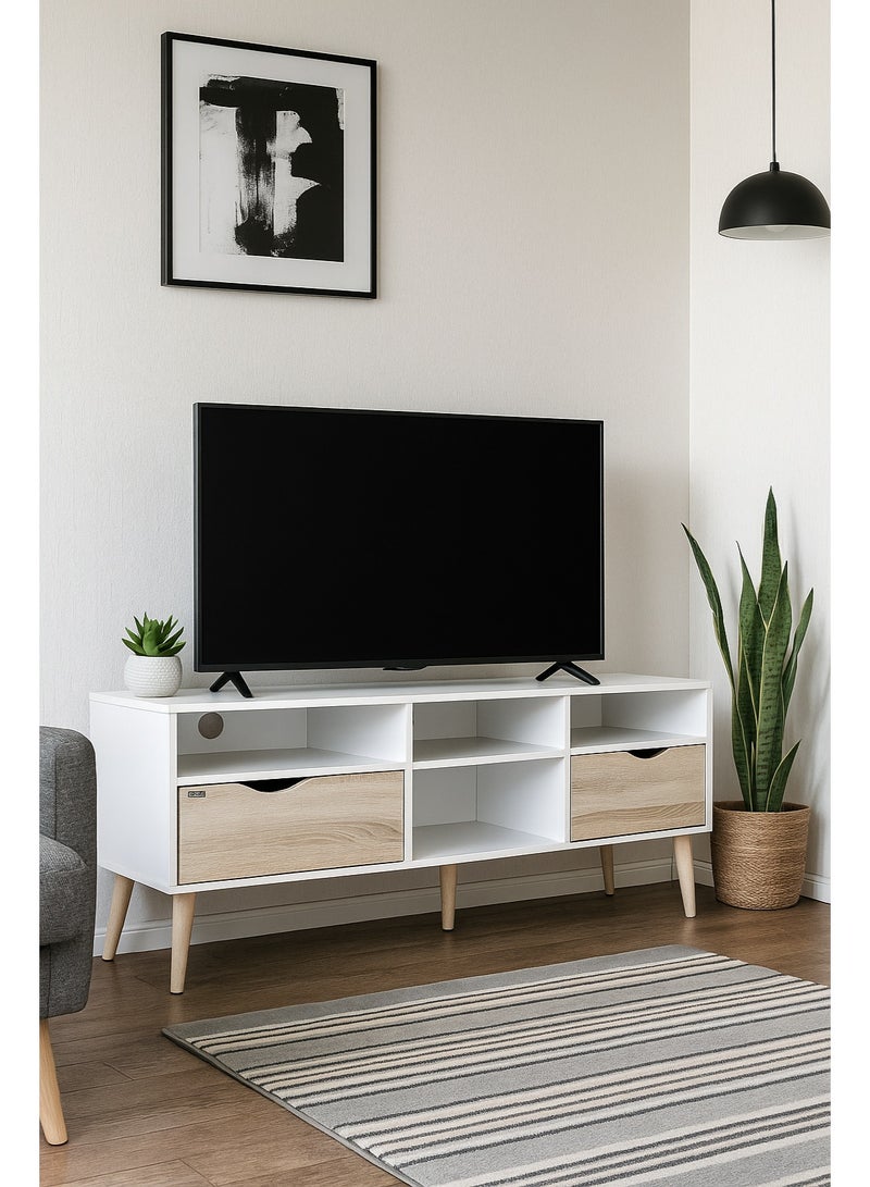 اي اف تي خزانة تلفاز بتصميم عصري ثنائي اللون من منتصف القرن مع درجين وأرجل خشبية متينة، مثالية لغرف المعيشة الحديثة ومساحات الترفيه، مثالية لصالات العرض المنزلية وغرف الوسائط، توفر حلول تخزين أنيقة لأجهزة التلفاز حتى 65 بوصة. خزانة تلفاز ريفية مع درجين وأرجل خشبية مصنوعة بشكل جميل، مثالية لإضافة سحر إلى أي ديكور منزلي. (إطار أبيض / درج من خشب البلوط سونوما) أرفان - Image 1