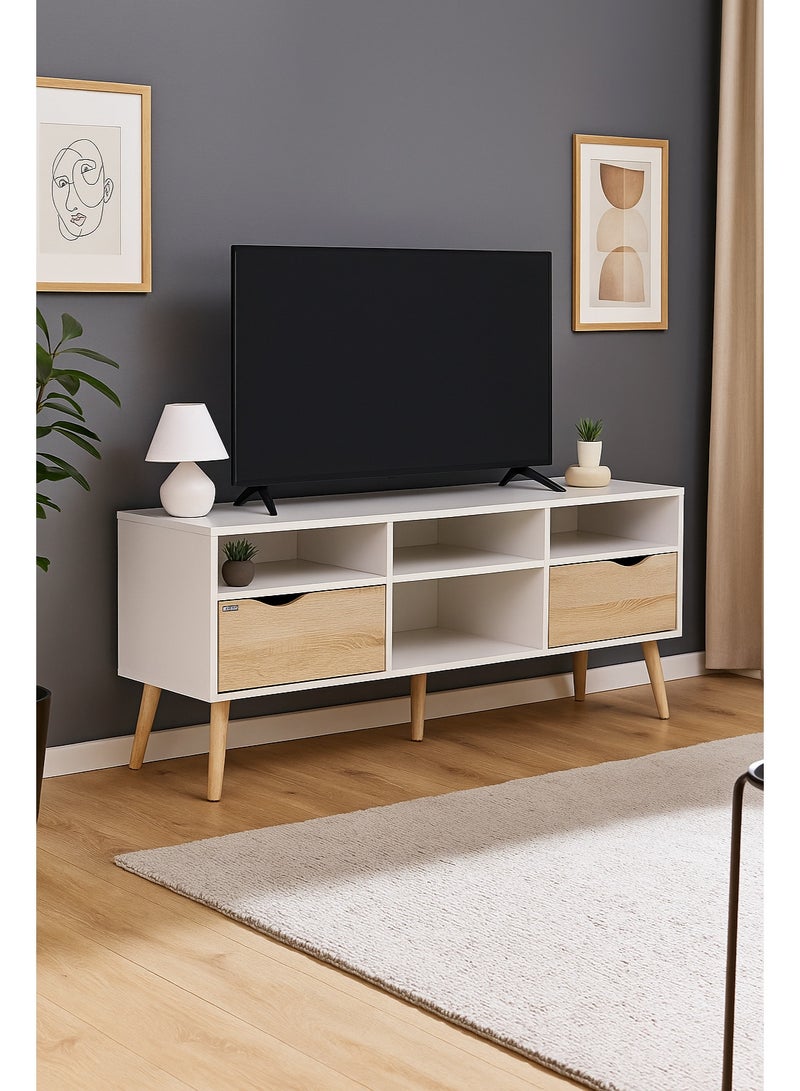 اي اف تي خزانة تلفاز بتصميم عصري ثنائي اللون من منتصف القرن مع درجين وأرجل خشبية متينة، مثالية لغرف المعيشة الحديثة ومساحات الترفيه، مثالية لصالات العرض المنزلية وغرف الوسائط، توفر حلول تخزين أنيقة لأجهزة التلفاز حتى 65 بوصة. خزانة تلفاز ريفية مع درجين وأرجل خشبية مصنوعة بشكل جميل، مثالية لإضافة سحر إلى أي ديكور منزلي. (إطار أبيض / درج من خشب البلوط سونوما) أرفان - Image 2