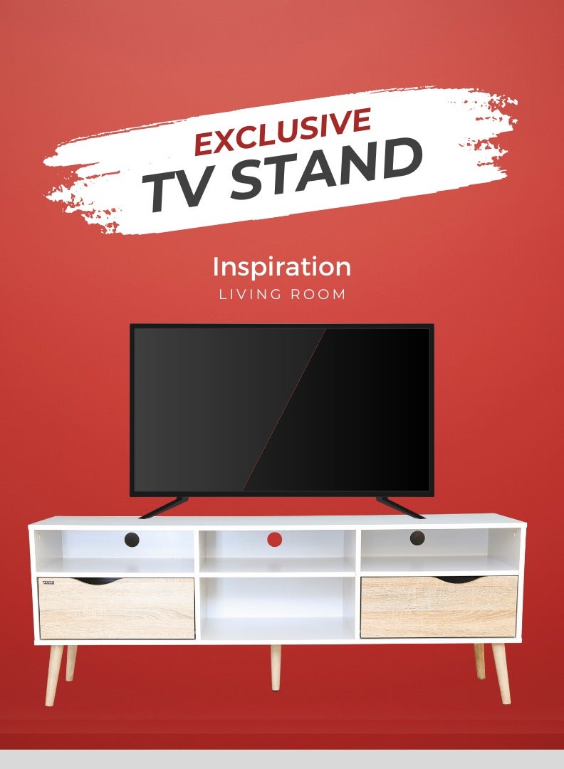 اي اف تي خزانة تلفاز بتصميم عصري ثنائي اللون من منتصف القرن مع درجين وأرجل خشبية متينة، مثالية لغرف المعيشة الحديثة ومساحات الترفيه، مثالية لصالات العرض المنزلية وغرف الوسائط، توفر حلول تخزين أنيقة لأجهزة التلفاز حتى 65 بوصة. خزانة تلفاز ريفية مع درجين وأرجل خشبية مصنوعة بشكل جميل، مثالية لإضافة سحر إلى أي ديكور منزلي. (إطار أبيض / درج من خشب البلوط سونوما) أرفان - Image 3