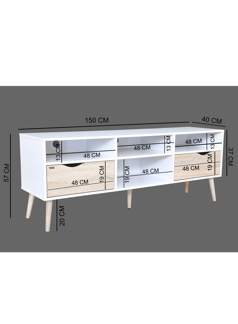 اي اف تي خزانة تلفاز بتصميم عصري ثنائي اللون من منتصف القرن مع درجين وأرجل خشبية متينة، مثالية لغرف المعيشة الحديثة ومساحات الترفيه، مثالية لصالات العرض المنزلية وغرف الوسائط، توفر حلول تخزين أنيقة لأجهزة التلفاز حتى 65 بوصة. خزانة تلفاز ريفية مع درجين وأرجل خشبية مصنوعة بشكل جميل، مثالية لإضافة سحر إلى أي ديكور منزلي. (إطار أبيض / درج من خشب البلوط سونوما) أرفان - Image 5