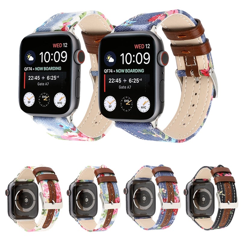 Denim Flower Pattern Genuine Leather Watch Band for Apple Watch Series 3 & 2 & 1 42mm(Dark Blue)