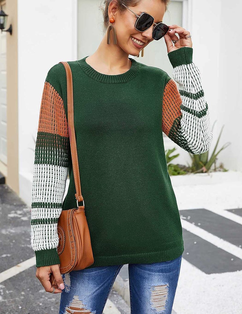 koitmy Women's Cute Contrast Sleeve Knitted Pullover Sweater Green - Image 2